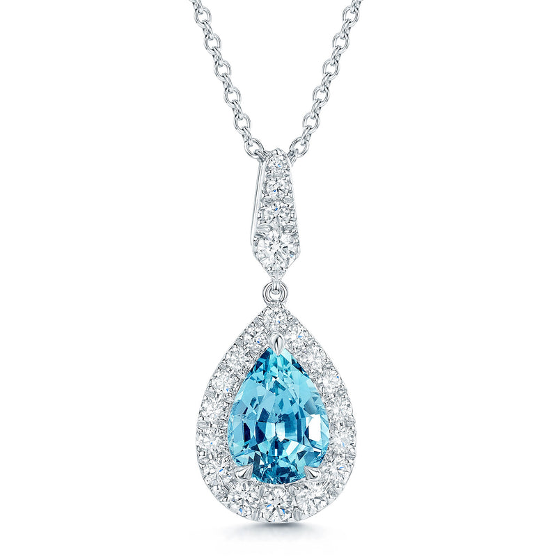 18ct White Gold Pear Cut Aquamarine and Diamond Halo Pendant