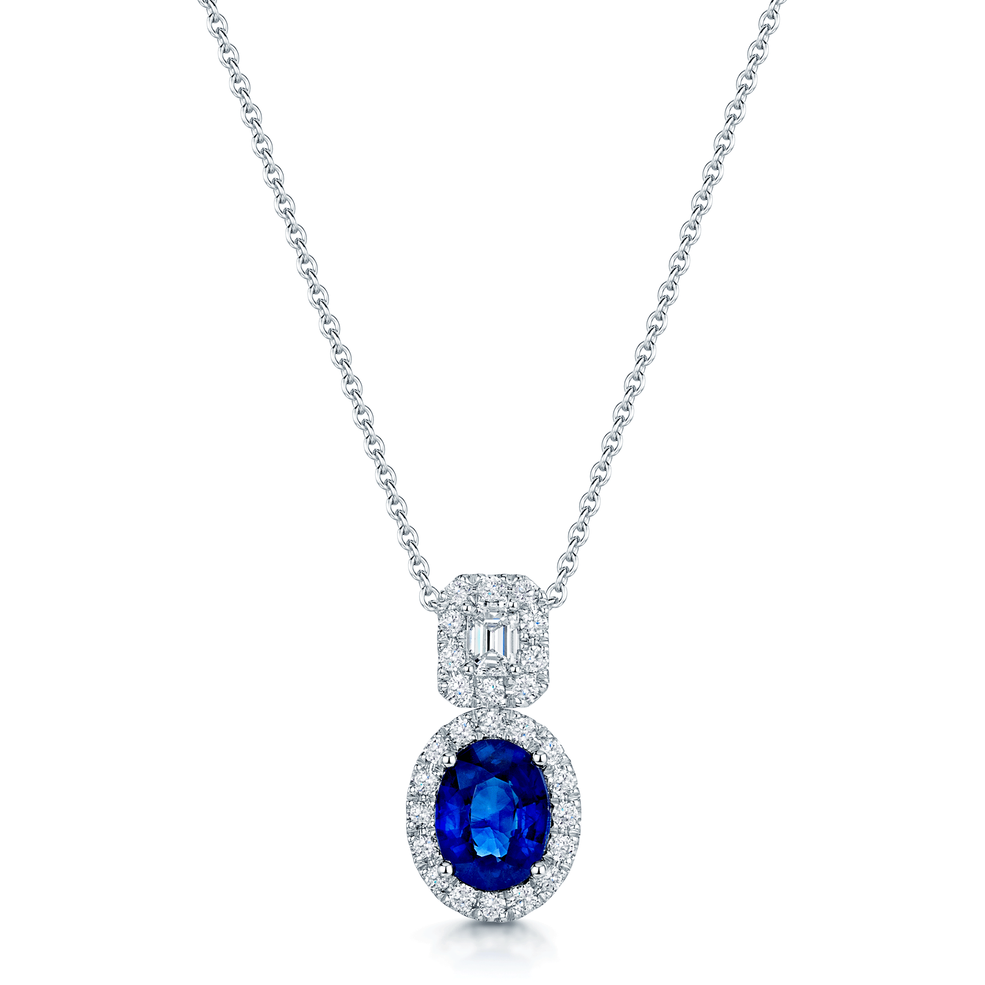 18ct White Gold Oval Sapphire And Diamond Double Halo Pendant