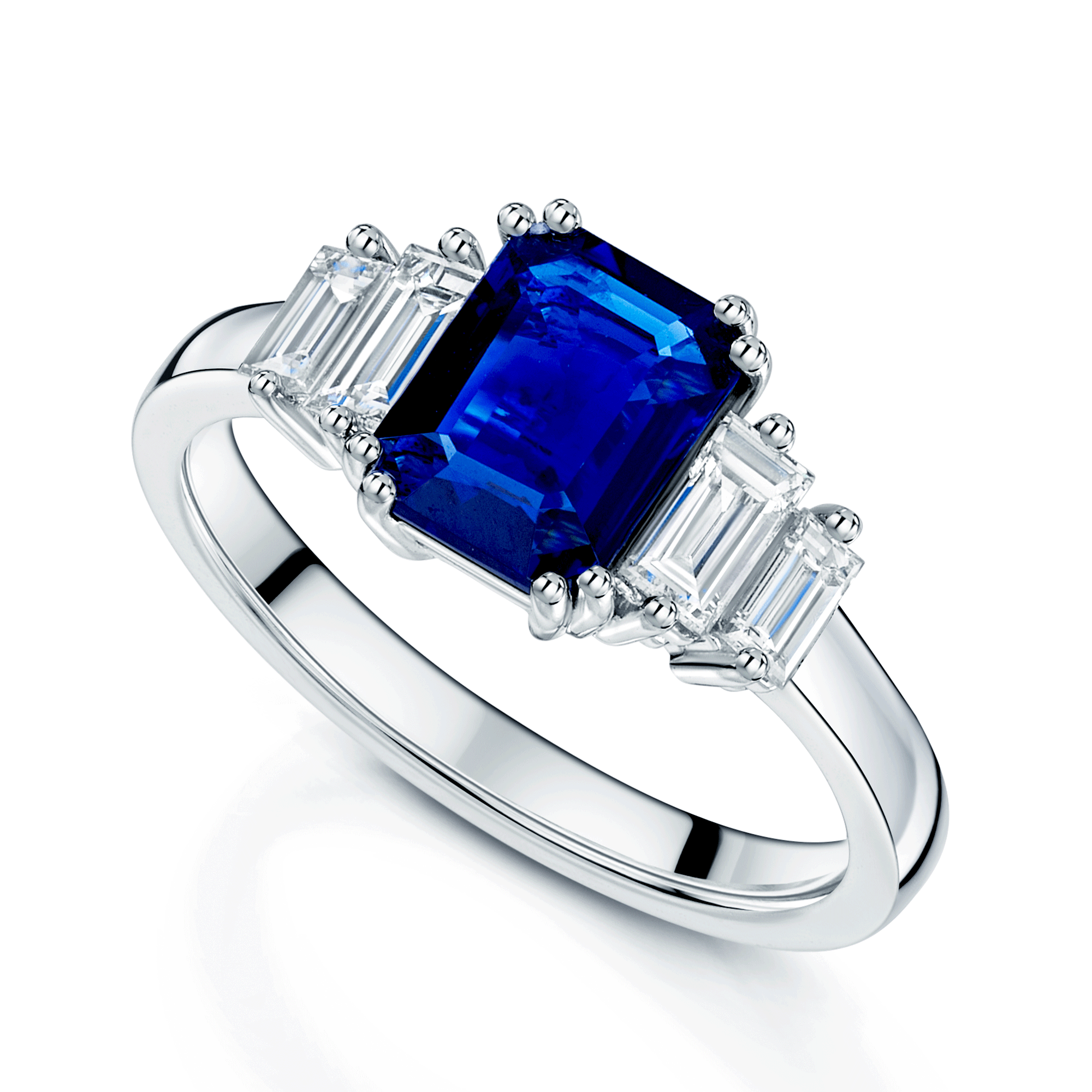 Platinum Emerald Cut Sapphire And Diamond Five Stone Dress Ring