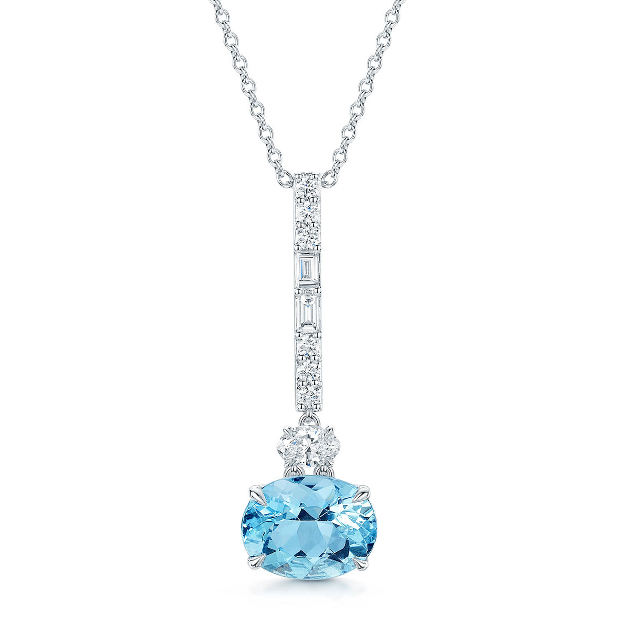 Berry's 18ct White Gold Oval Cut Aquamarine and Diamond Bar Pendant - Berry's Jewellers