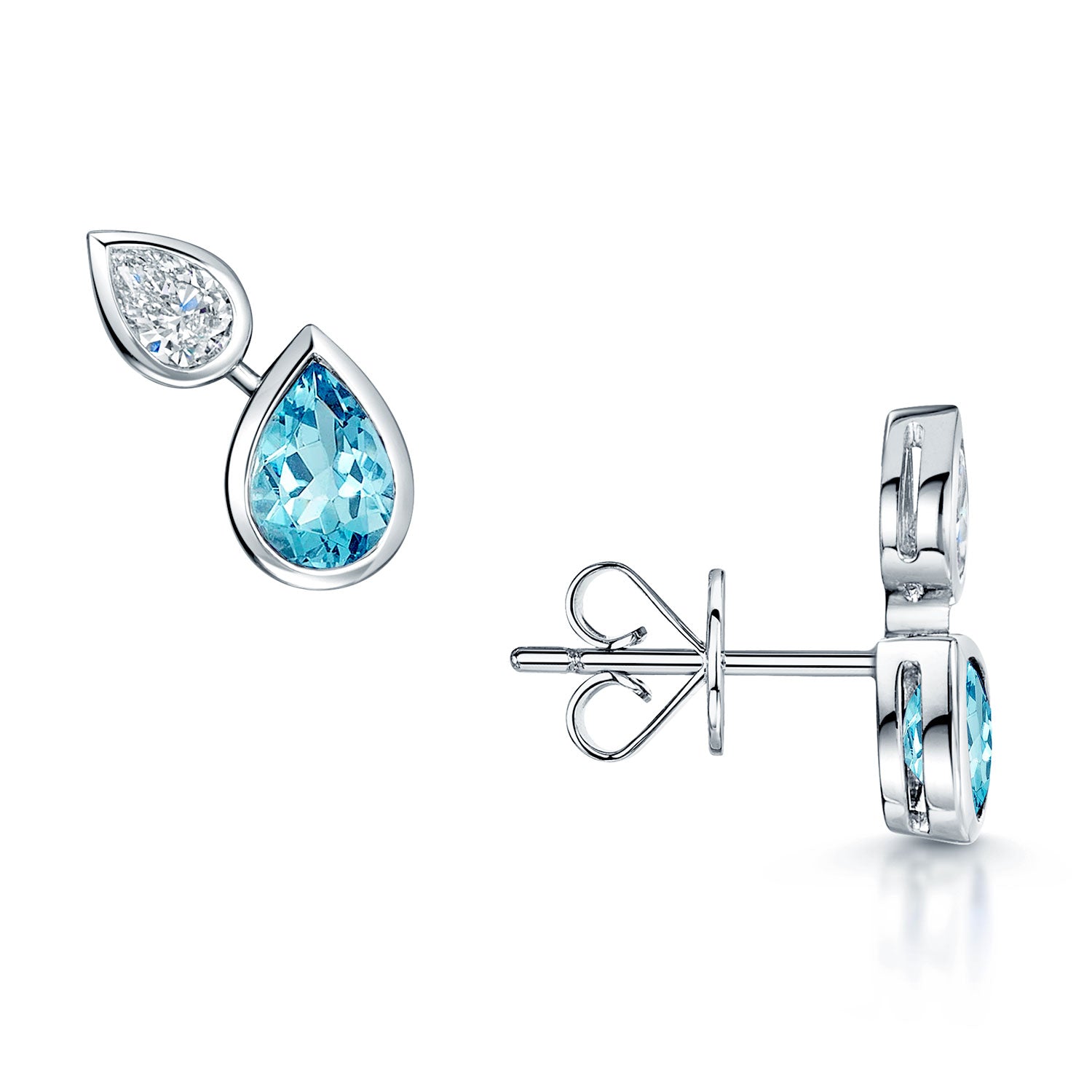 Berry's 18ct White Gold Pear Cut Aquamarine And Diamond Rub Over Set Stud Earrings - Berry's Jewellers