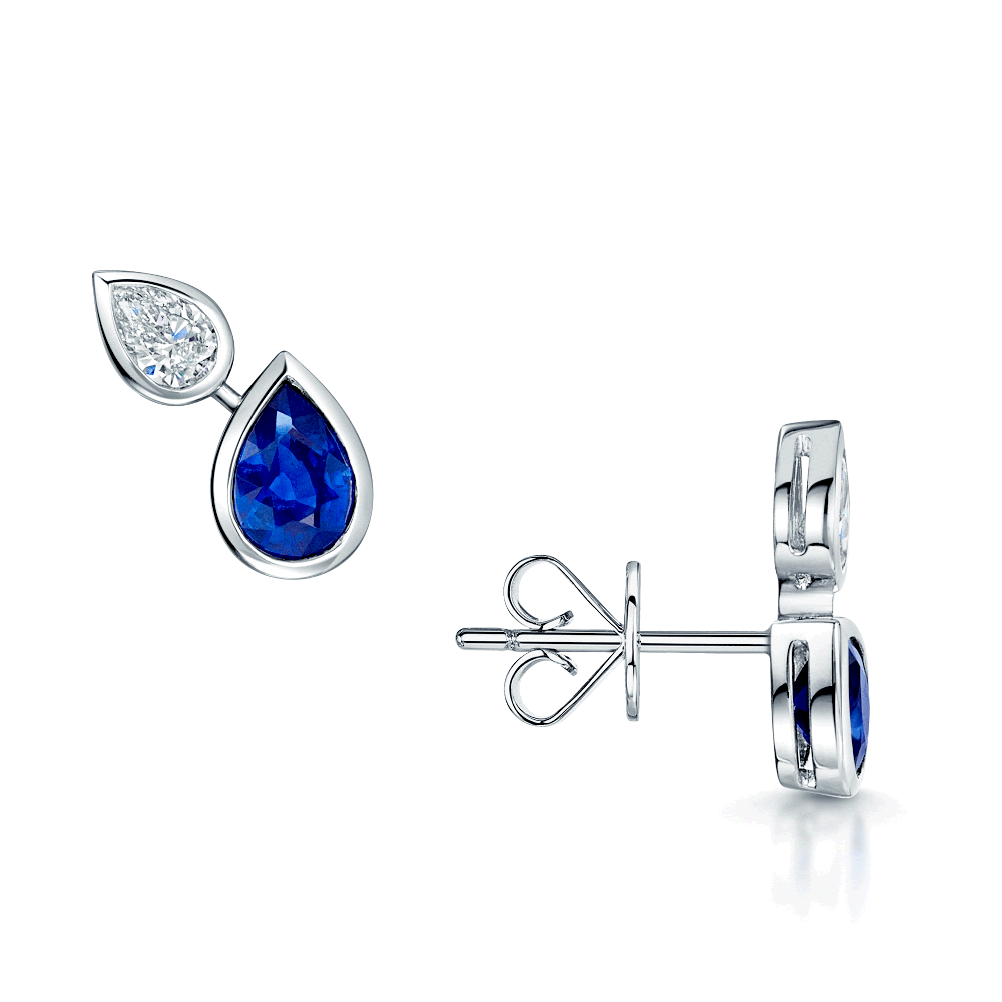 18ct White Gold Pear Cut Sapphire And Diamond Rub Over Set Stud Earrings