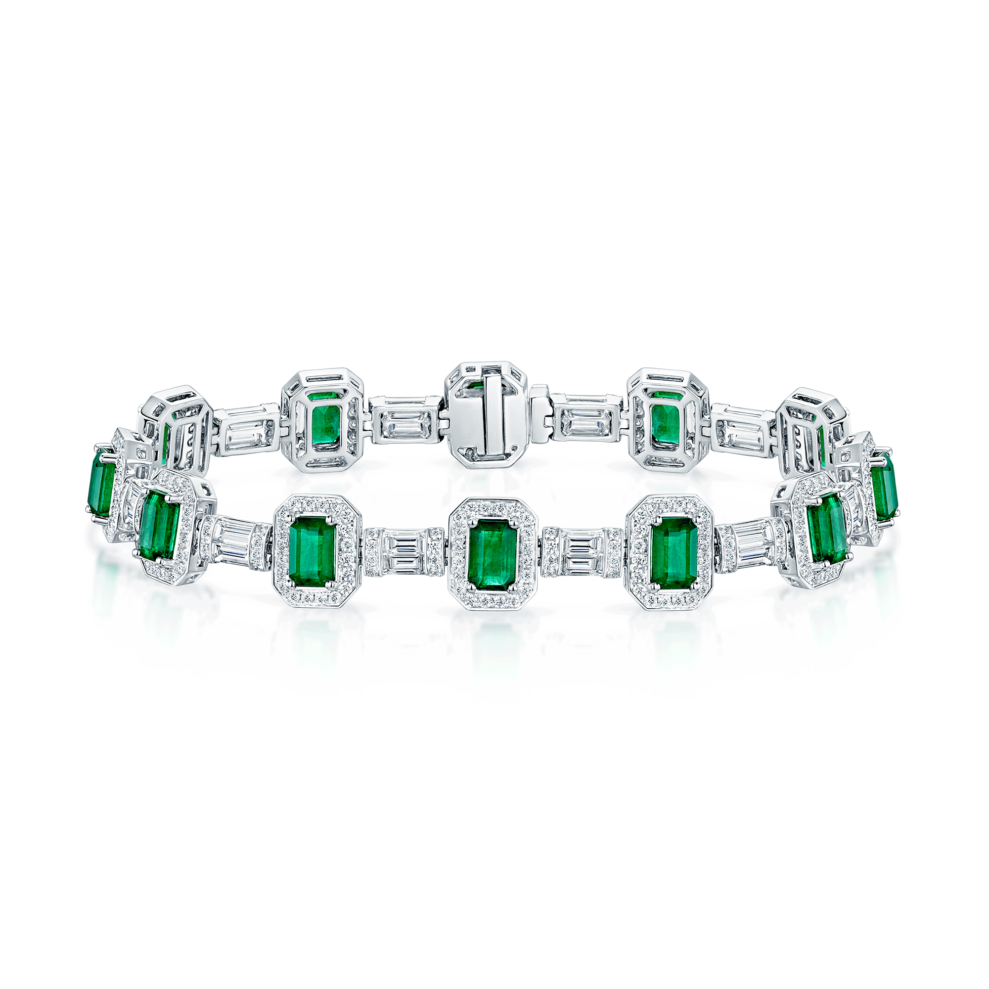 18ct White Gold Emerald And Diamond Halo Vintage Line Bracelet