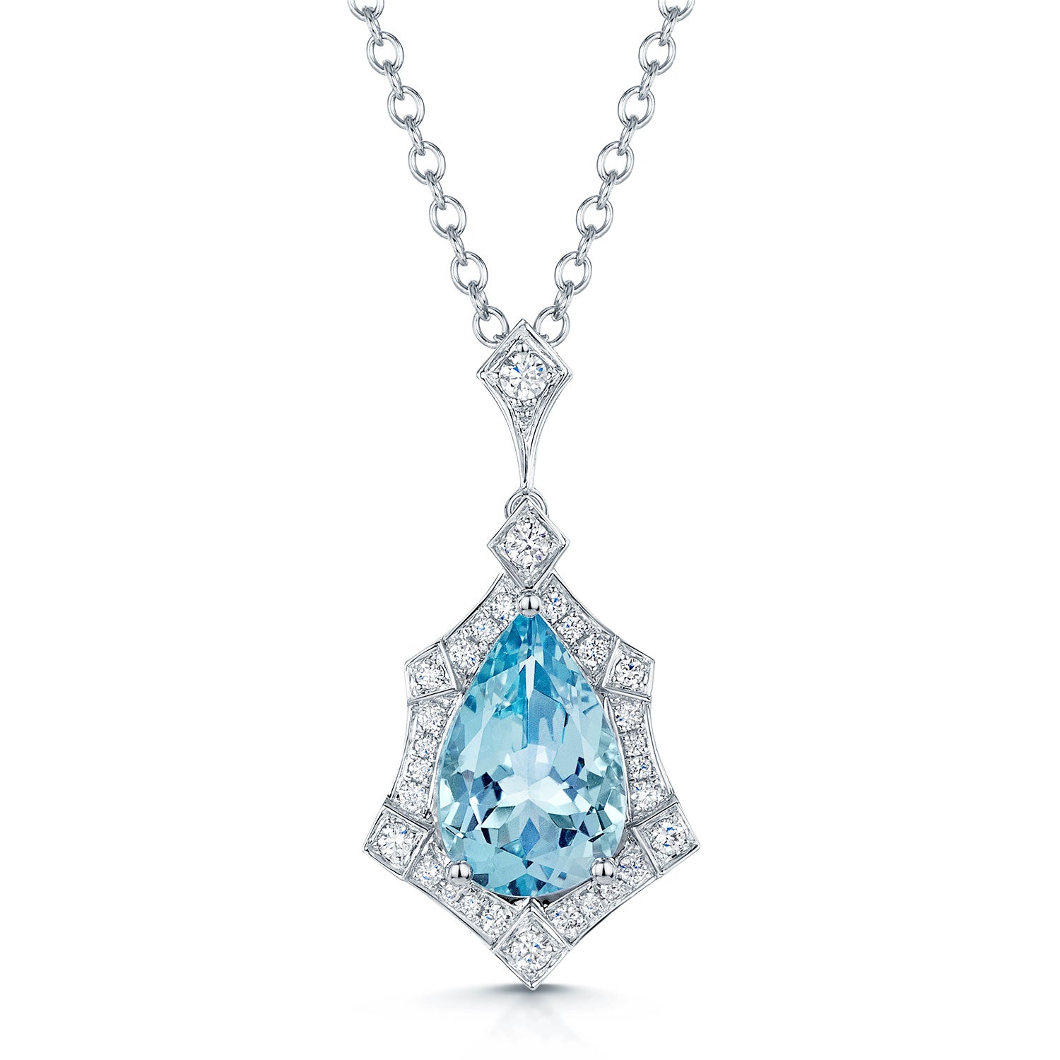 Berry's 18ct White Gold Pear Cut Aquamarine And Diamond Halo Pendant - Berry's Jewellers