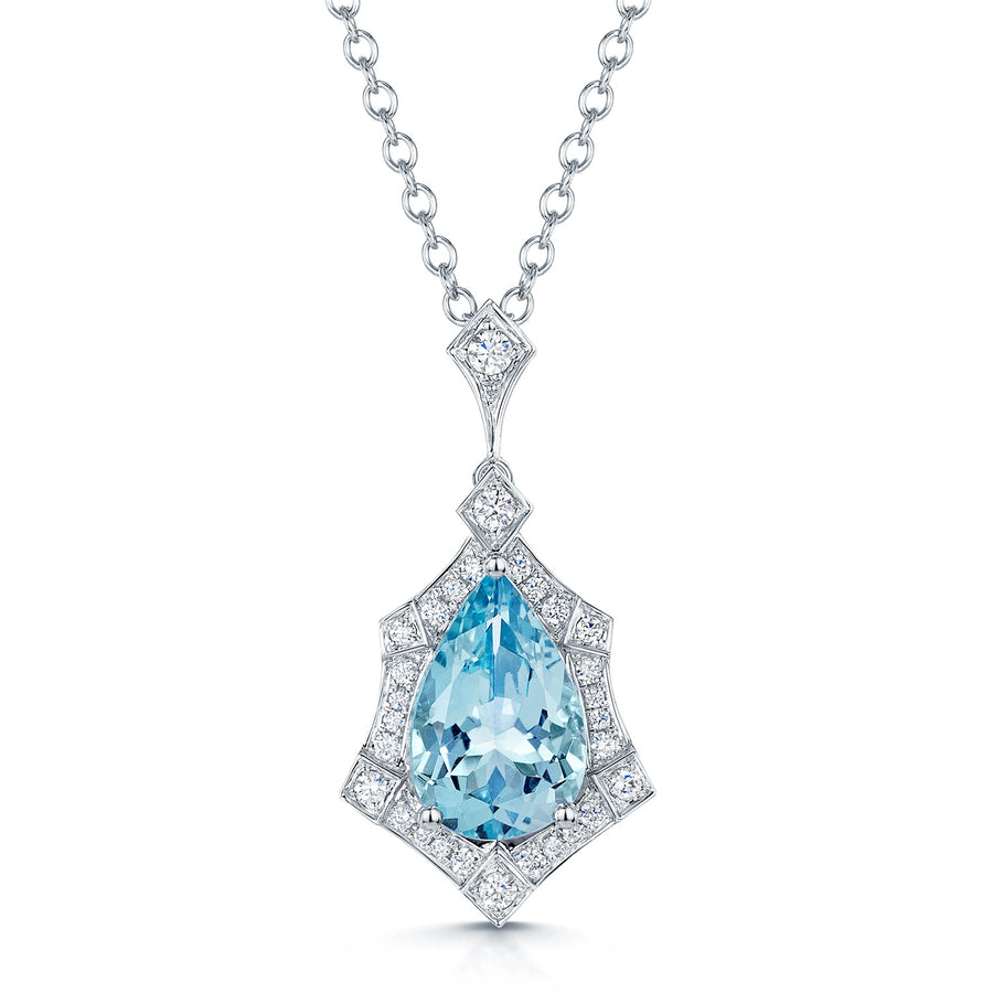 Berry's 18ct White Gold Pear Cut Aquamarine And Diamond Halo Pendant - Berry's Jewellers