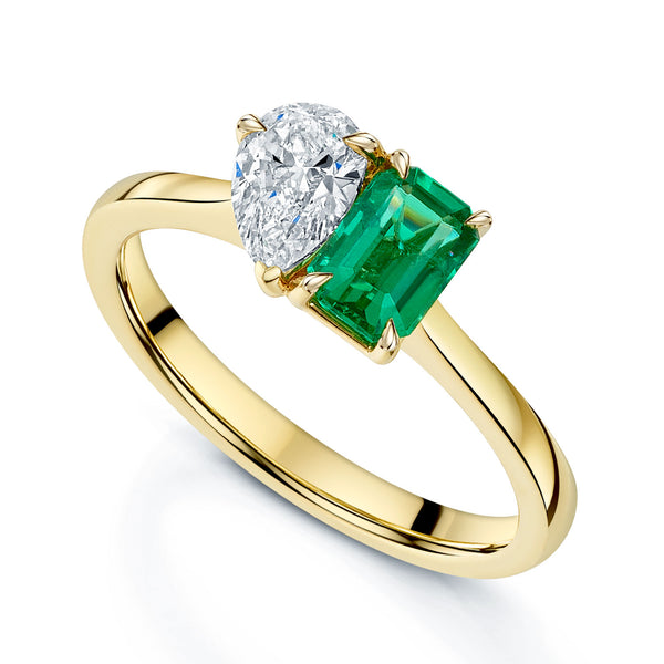 Berry's 18ct Yellow Gold Toi et Moi Emerald Cut Emerald and Pear Cut Diamond Dress Ring - Berry's Jewellers