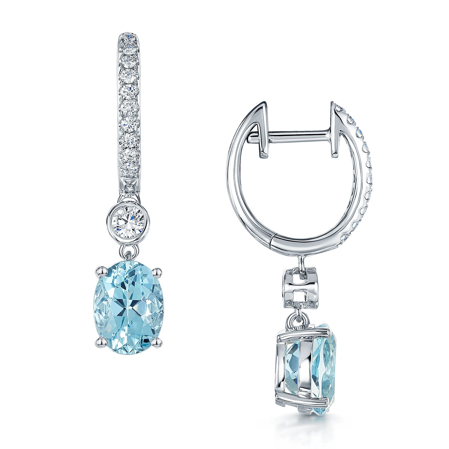 Berry's 18ct White Gold Oval Shaped Aquamarine and Diamond Hoop Drop Earrings - Berry's Jewellers
