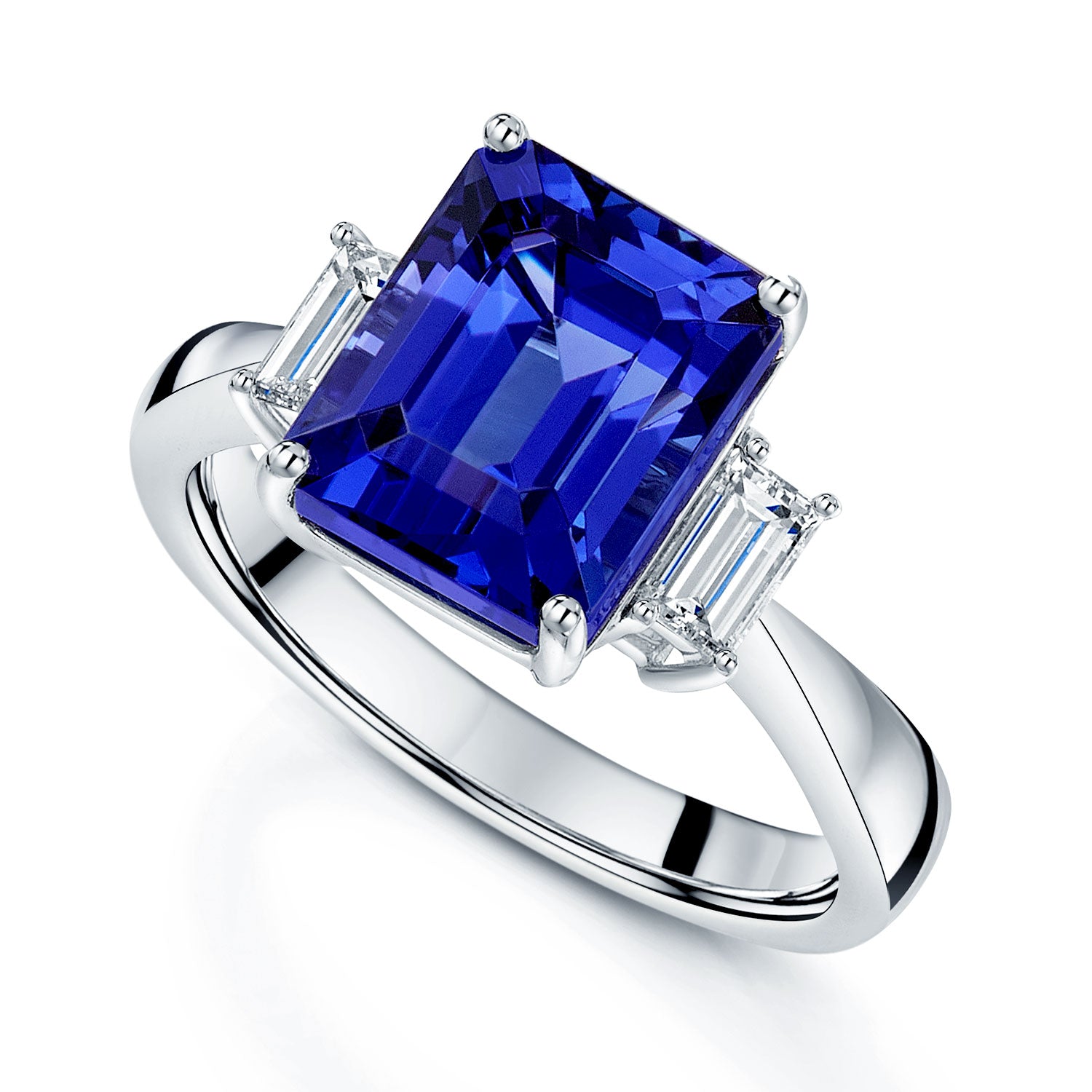 Berry's Platinum Emerald Cut Tanzanite and Baguette Cut Diamond Three Stone Ring - Berry's Jewellers
