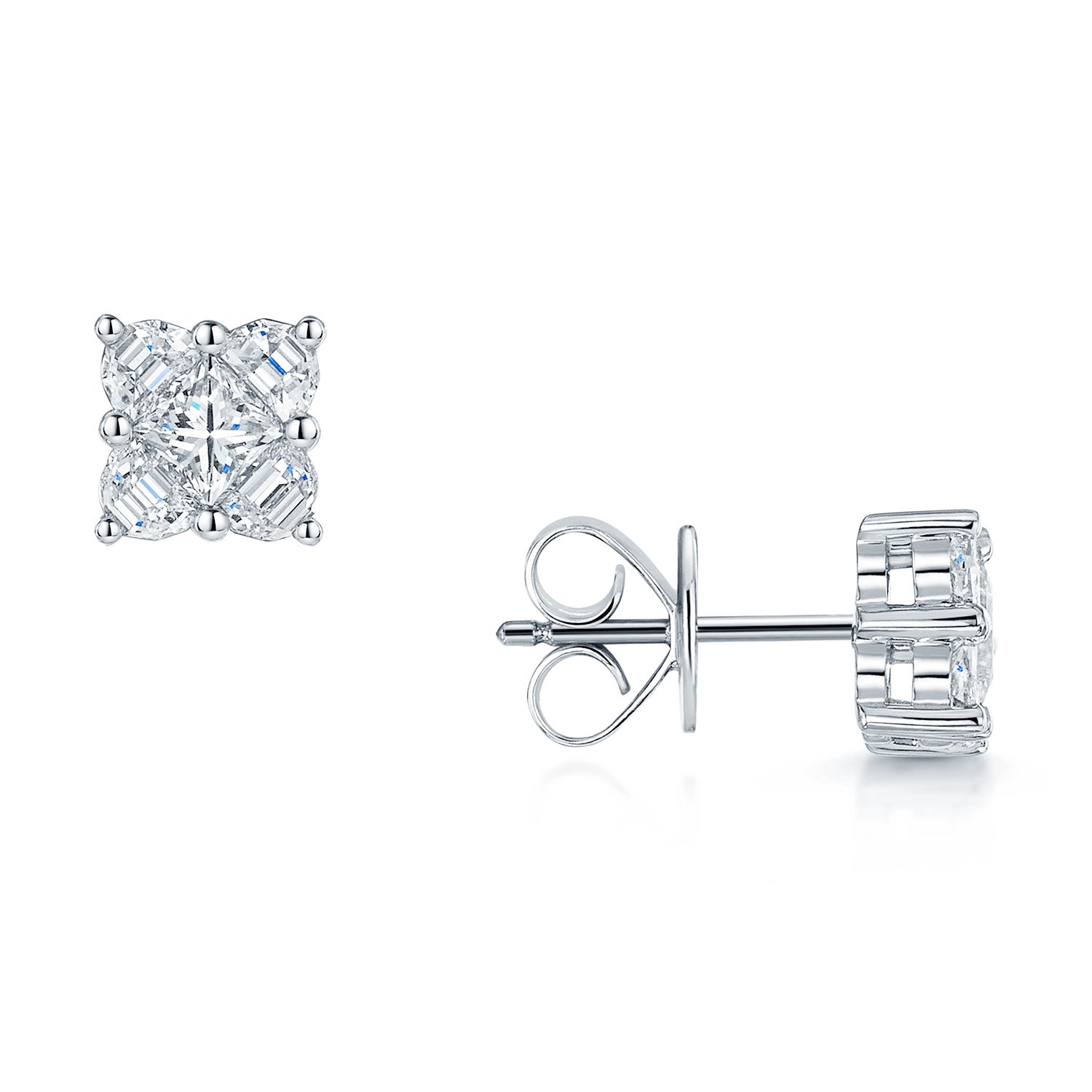 Berry's 18ct White Gold Princess Cut & Half Moon Diamond Stud Earrings - Berry's Jewellers