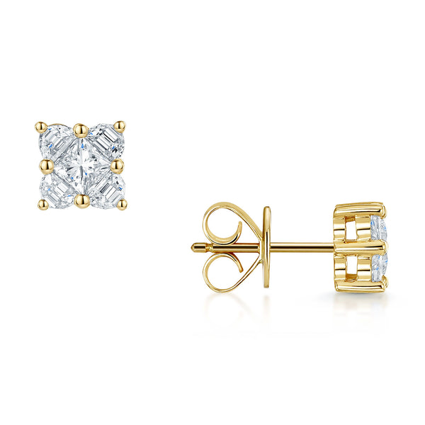 Berry's 18ct Yellow Gold Princess Cut & Half Moon Diamond Stud Earrings - Berry's Jewellers