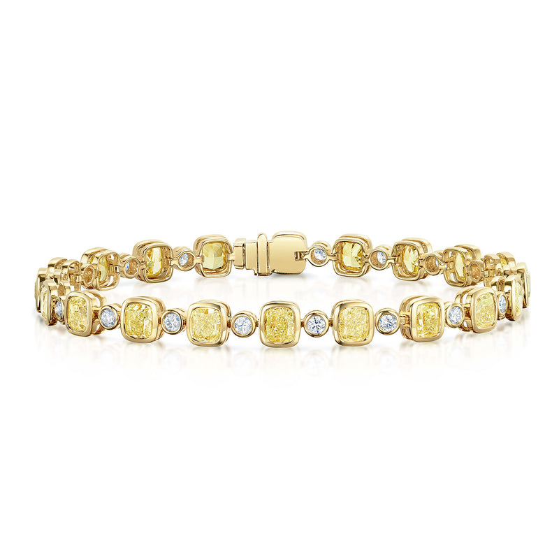 18ct Yellow Gold Cushion Cut Yellow Diamond and Diamond Tennis Bracelet