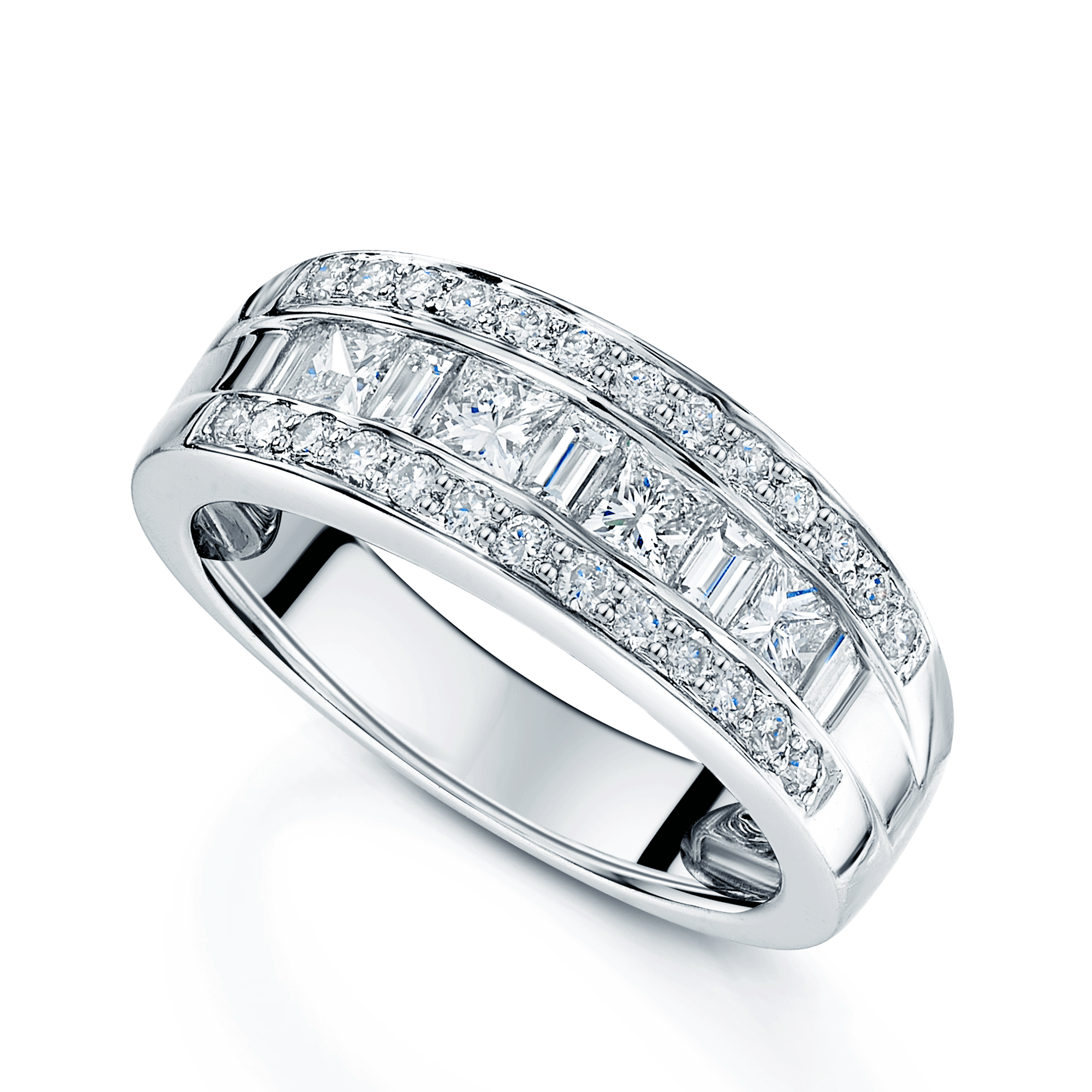 Platinum Princess, Baguette & Round Brilliant Cut Diamond Three Row Ring