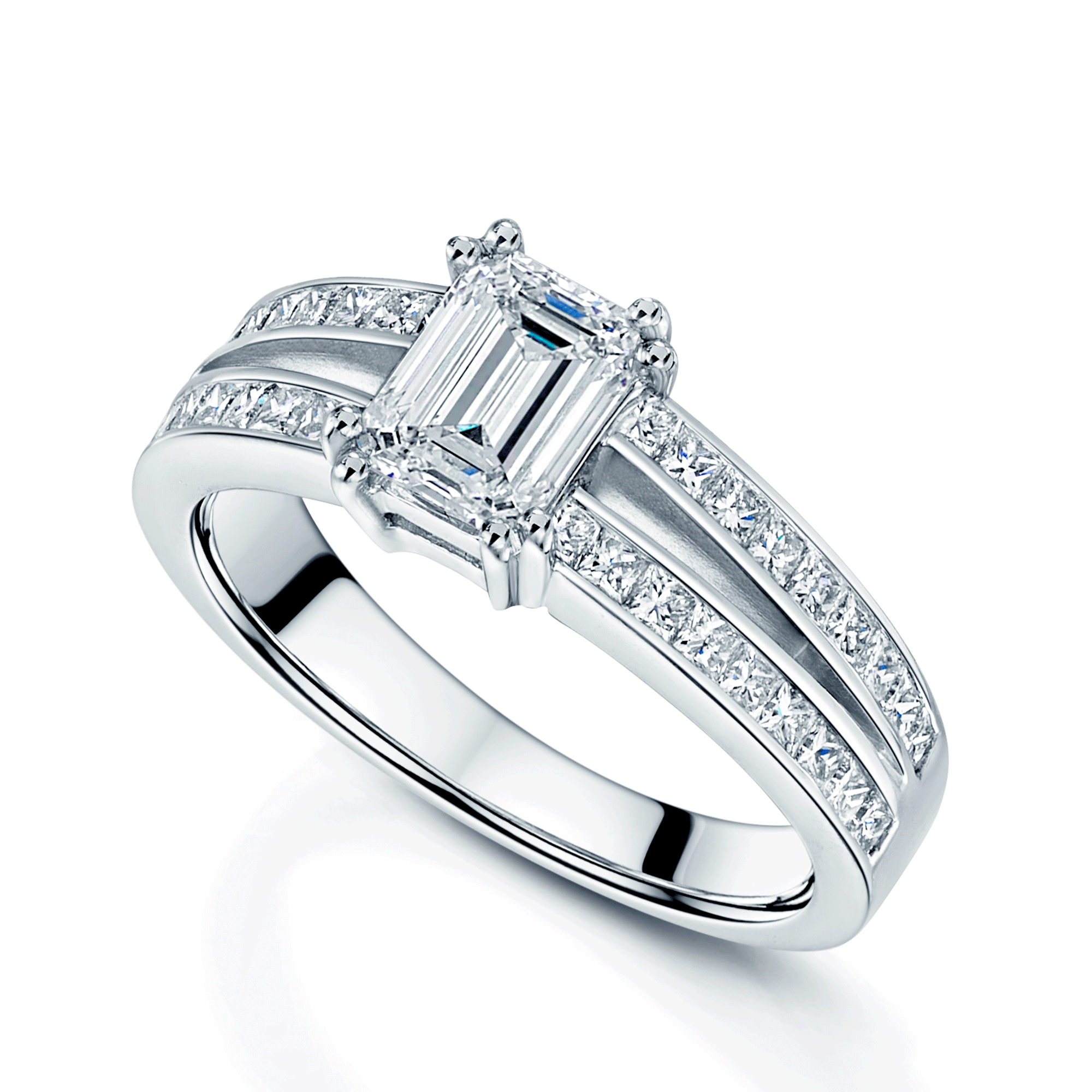 Platinum Emerald Cut 0.70 Carat Diamond Ring With Diamond Set Split Shoulders