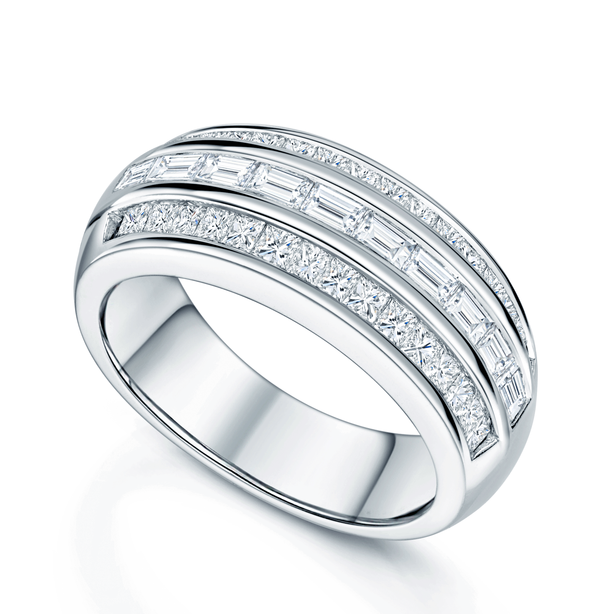 Platinum Baguette And Princess Cut Diamond Three Row Dress Ring