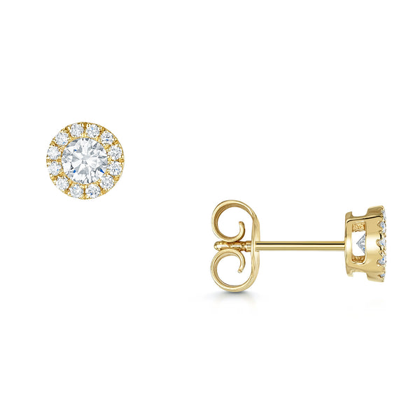 18ct Yellow Gold Round Brilliant Cut Diamond Halo Stud Earrings