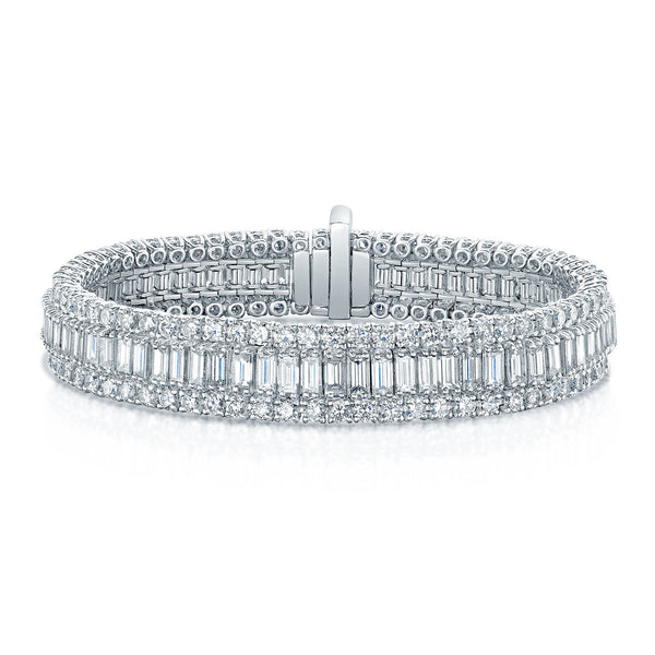 Platinum Round Brilliant Cut And Baguette Cut Diamond Three Row Tennis Bracelet