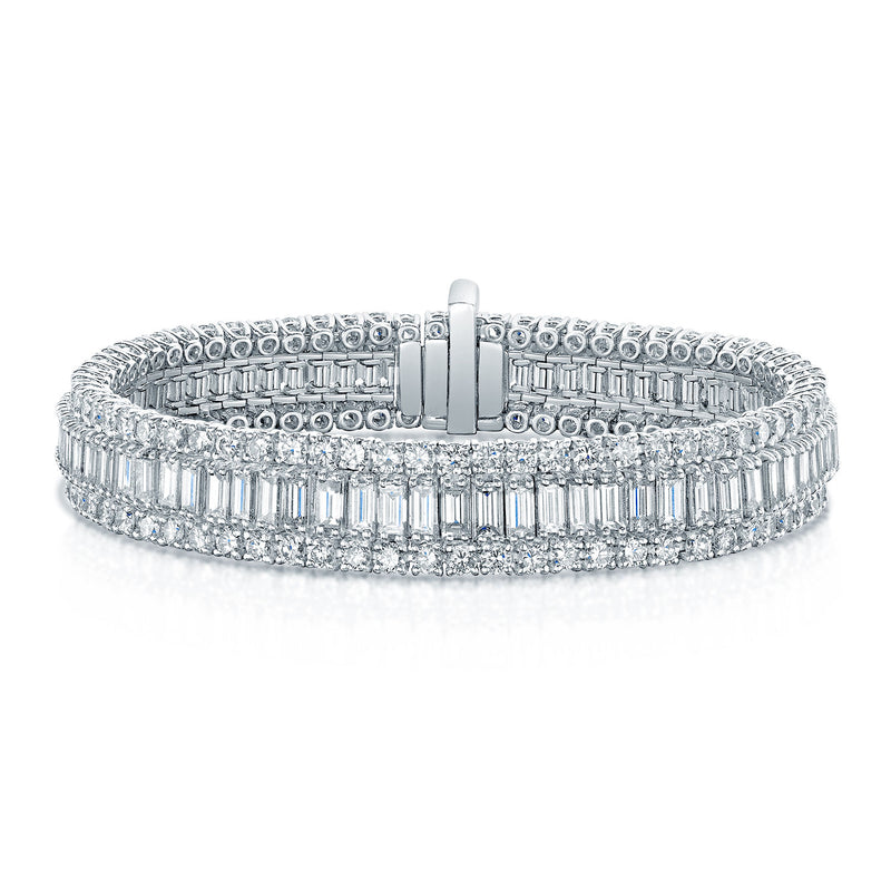 Platinum Round Brilliant Cut And Baguette Cut Diamond Three Row Tennis Bracelet