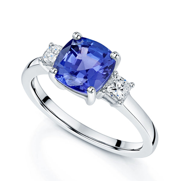 Berry's 18ct White Gold Cushion Cut Tanzanite And Diamond Three Stone Ring - Berry's Jewellers