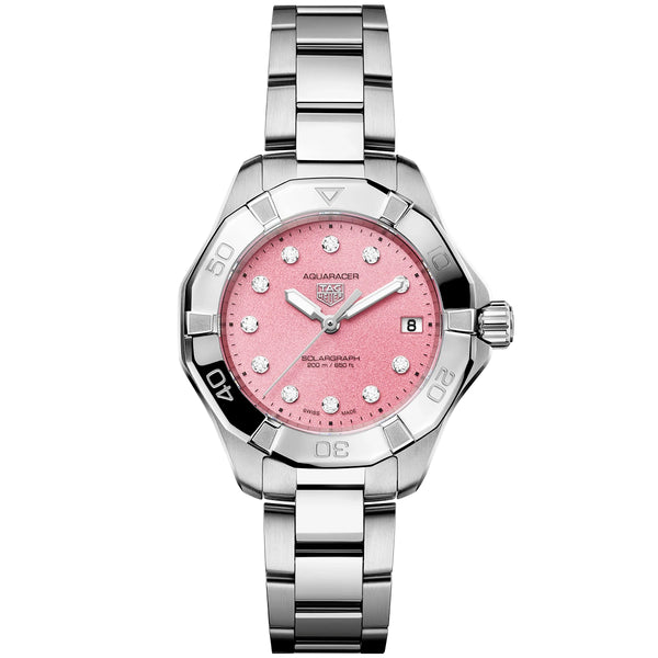 TAG Heuer Aquaracer Professional 200 Solargraph 34mm Pink Diamond Dial Watch - Berry's Jewellers