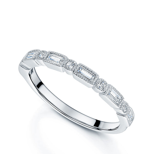 Berry's Platinum Round Brilliant And Baguette Cut Diamond Mill Grain Edge Wedding Band - Berry's Jewellers