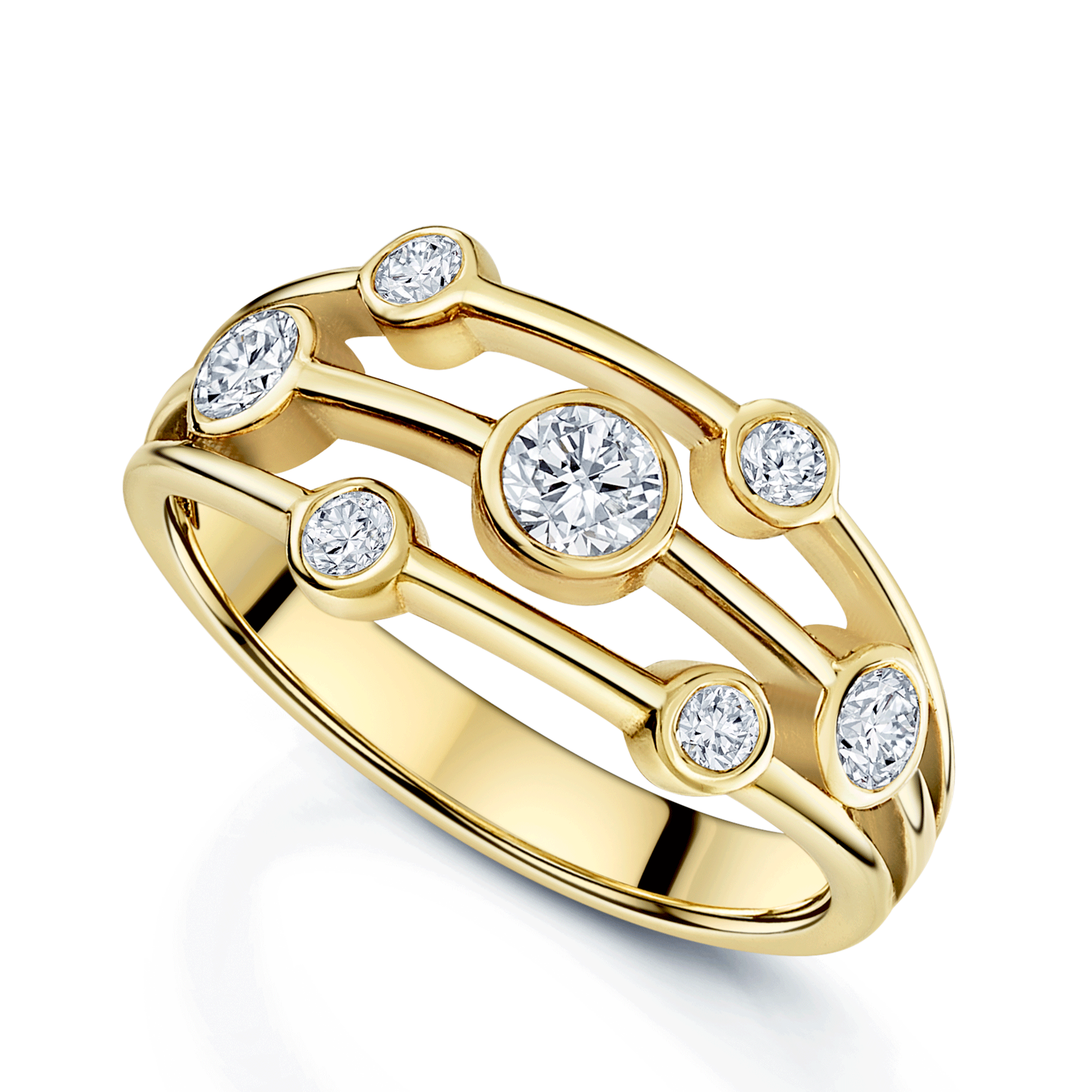 18ct Yellow Gold Round Brilliant Cut Diamond Scattered Three Row Ring