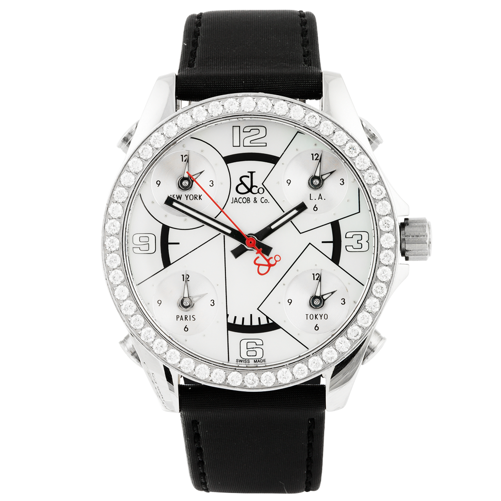 Jacob & Co Diamond Bezel Silver Dial Black Strap Watch