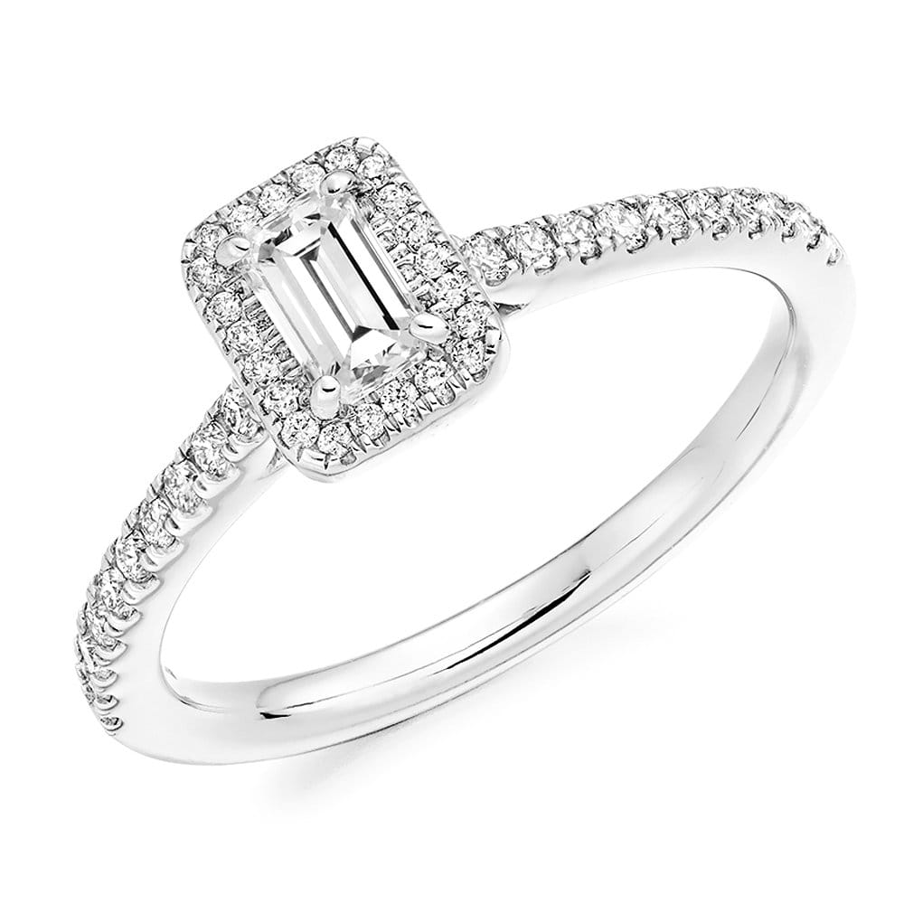 18ct White Gold Emerald Cut Diamond & Surround Engagement Ring