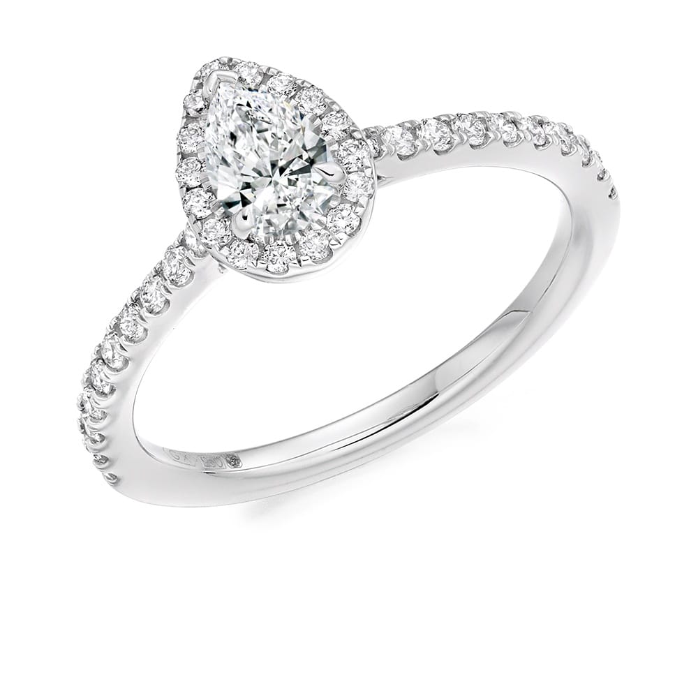 Platinum Pear Shaped Diamond Halo Engagement Ring With Pave Set Shoulders