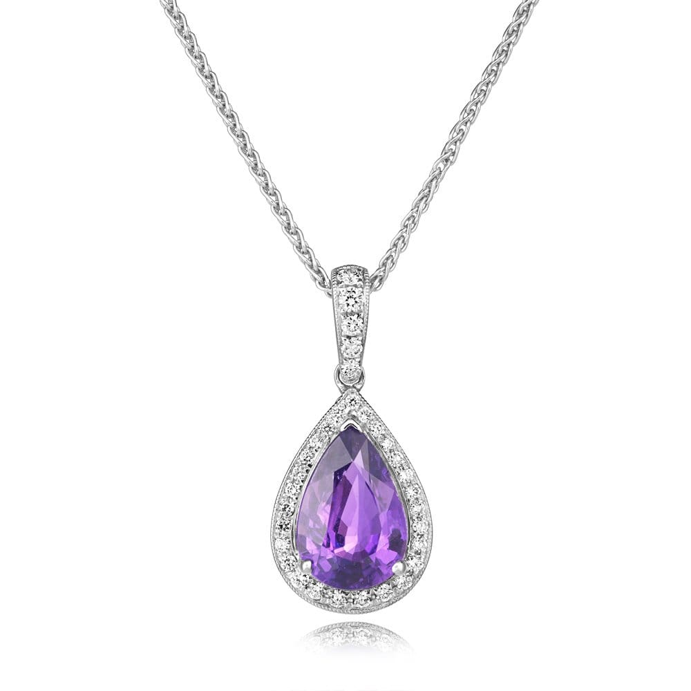 18ct White Gold Pear Shaped Violet Sapphire & Diamond Pendant