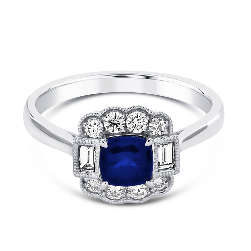 Platinum Cushion Cut Sapphire & Diamond Set Surround Ring