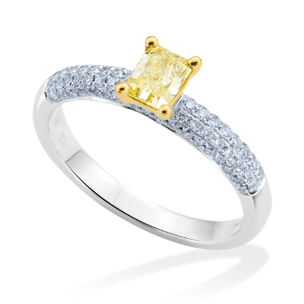 Platinum Set Pave Set Shoulders & Yellow Diamond Engagement Ring