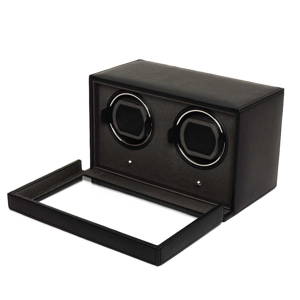Cub Black Leather Double Watch Winder with Cover