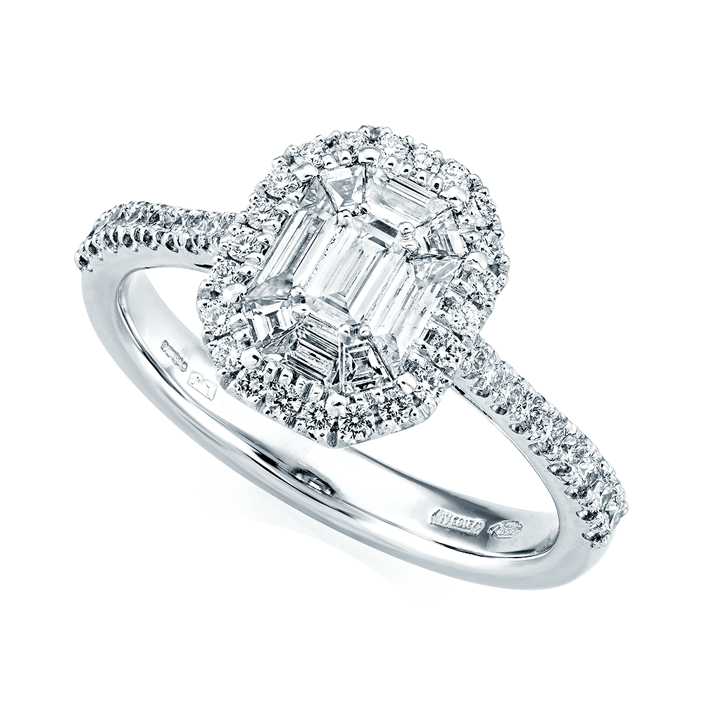 Platinum Emerald Cut & Double Diamond Surround Engagement Ring