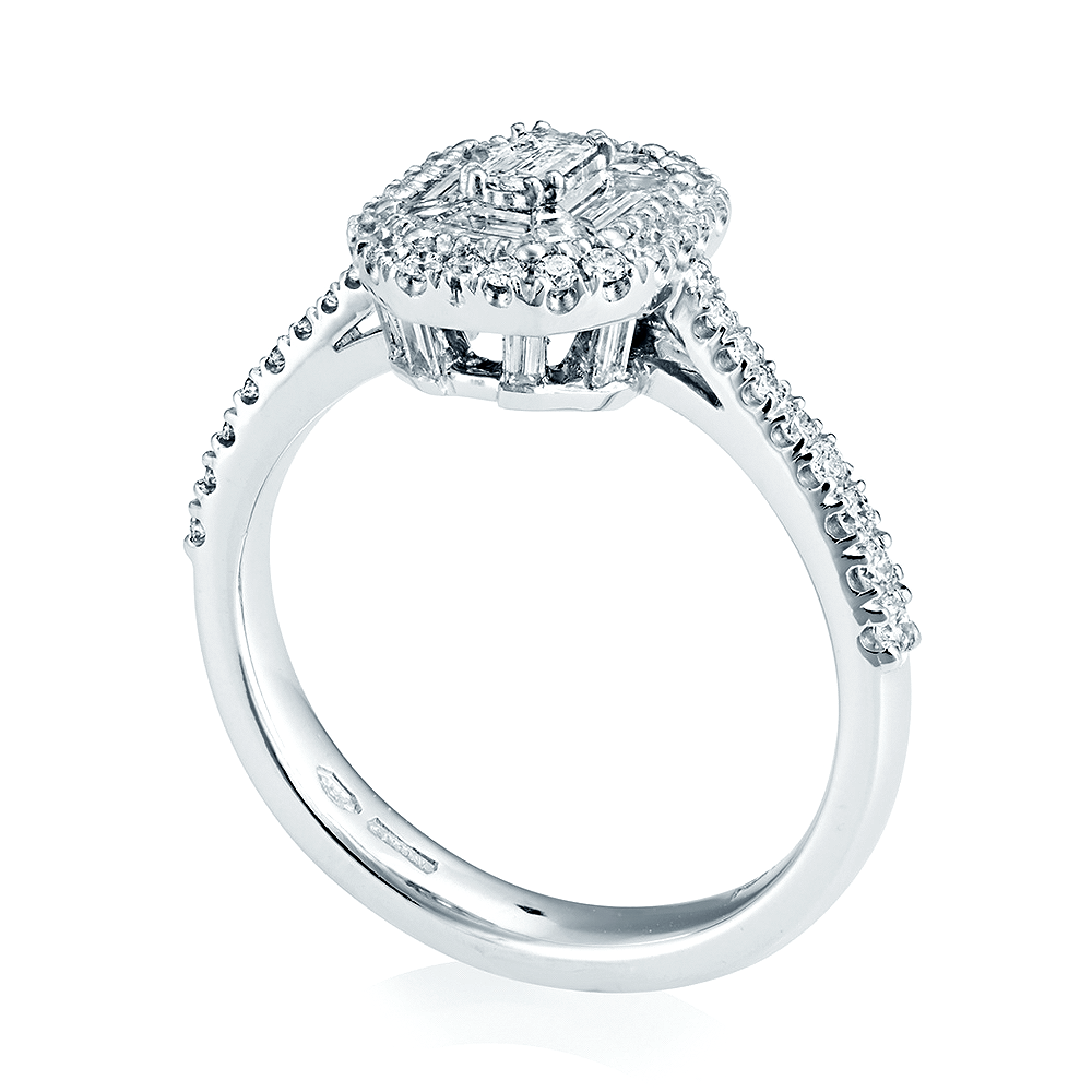 Platinum Emerald Cut & Double Diamond Surround Engagement Ring