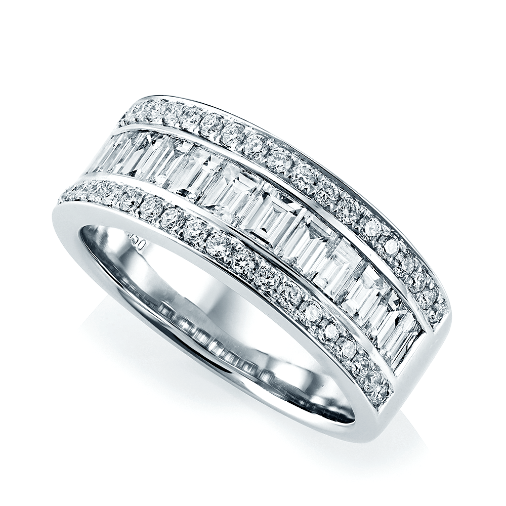Platinum Three Row Baguette & Brilliant Cut Diamond Dress Ring