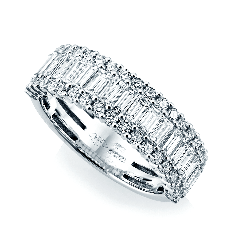 Platinum Three Row Baguette & Brilliant Cut Claw Set Diamond Dress Ring