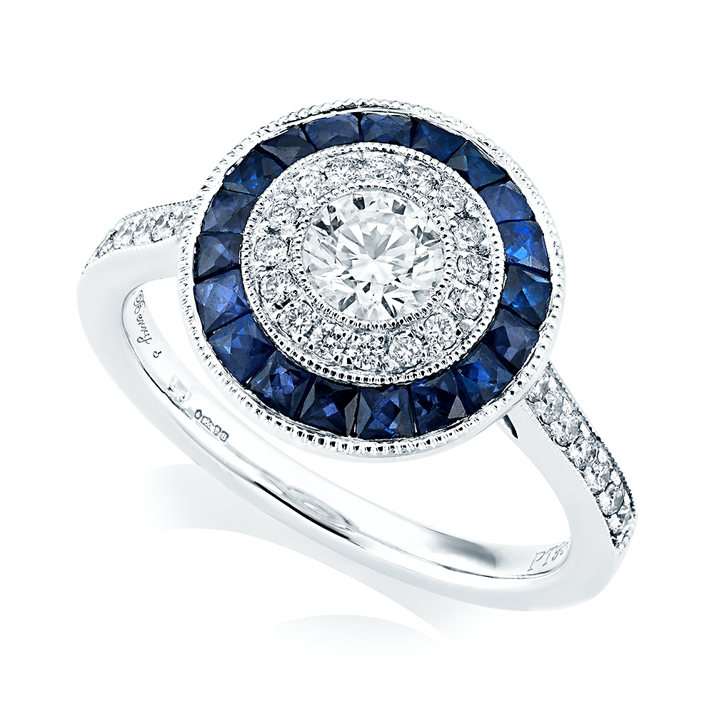 Platinum Double Halo Diamond & Sapphires Ring