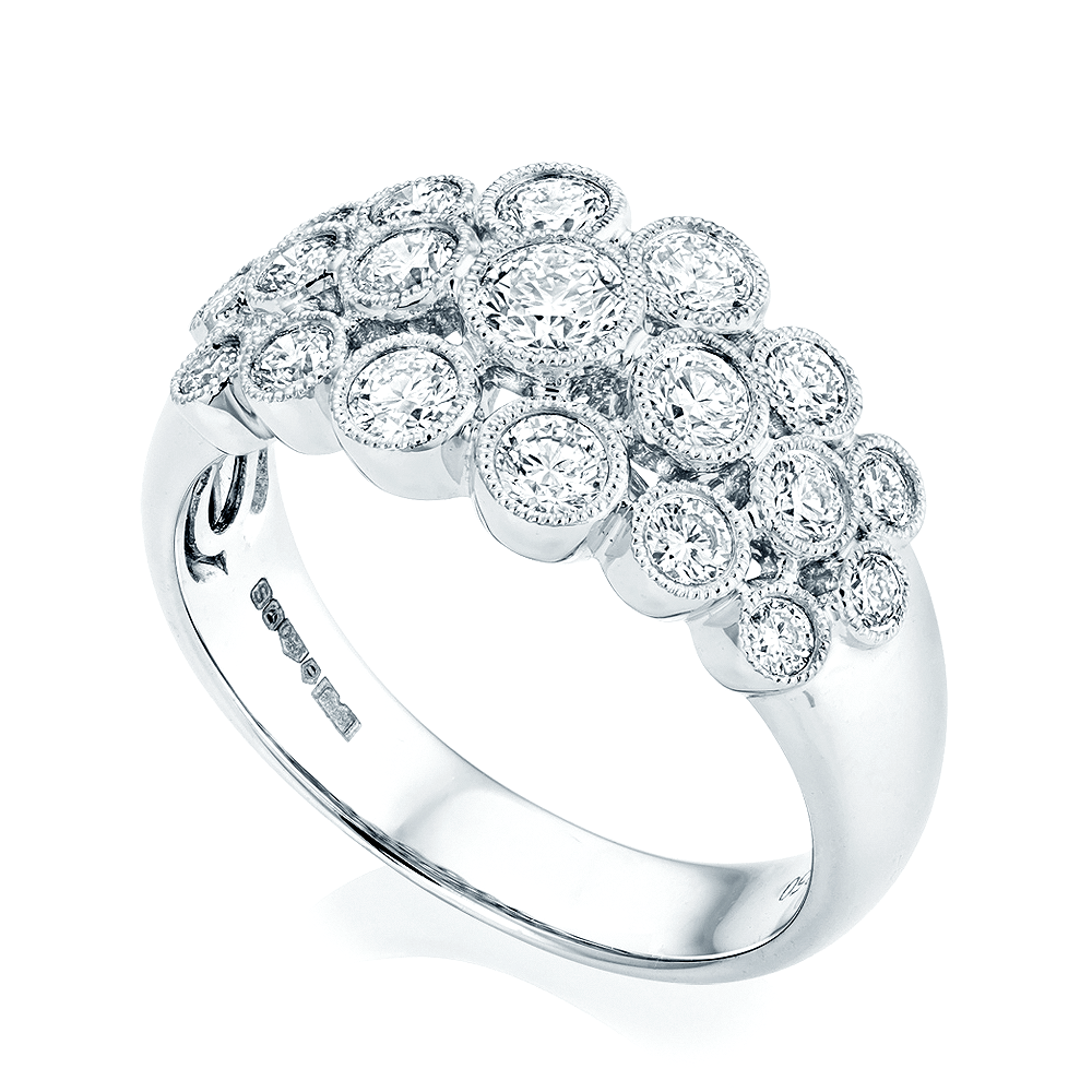 Platinum Three-Row Millgrain Rubover Diamond Set Dress Ring