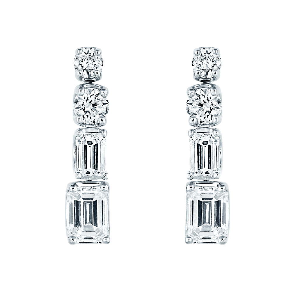 18ct White Gold Brilliant and Emerald Cut Diamond Drop Earrings