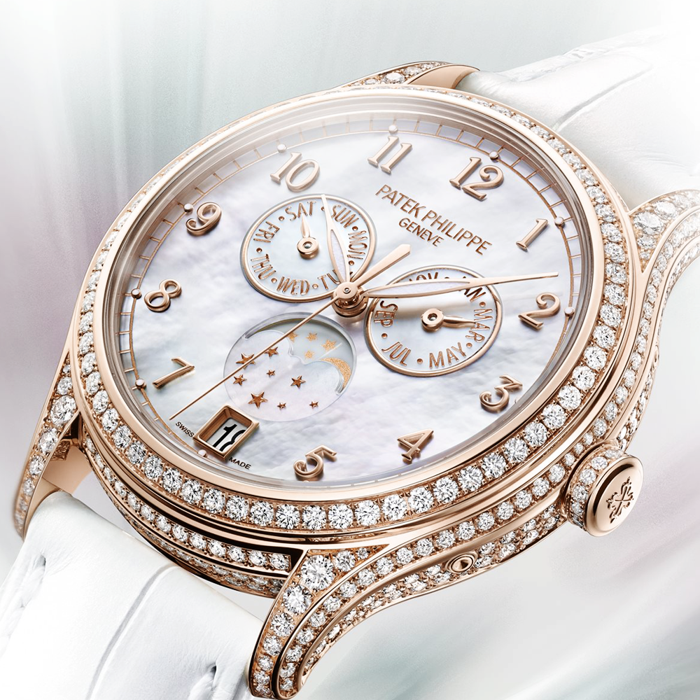 Annual Calendar 18ct Rose Gold Diamond Case Mother Of Pearl Dial Ladies Leather Strap Watch