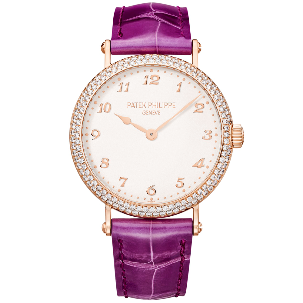Calatrava 18ct Rose Gold Double Row Diamond Bezel Automatic Ladies Strap Watch