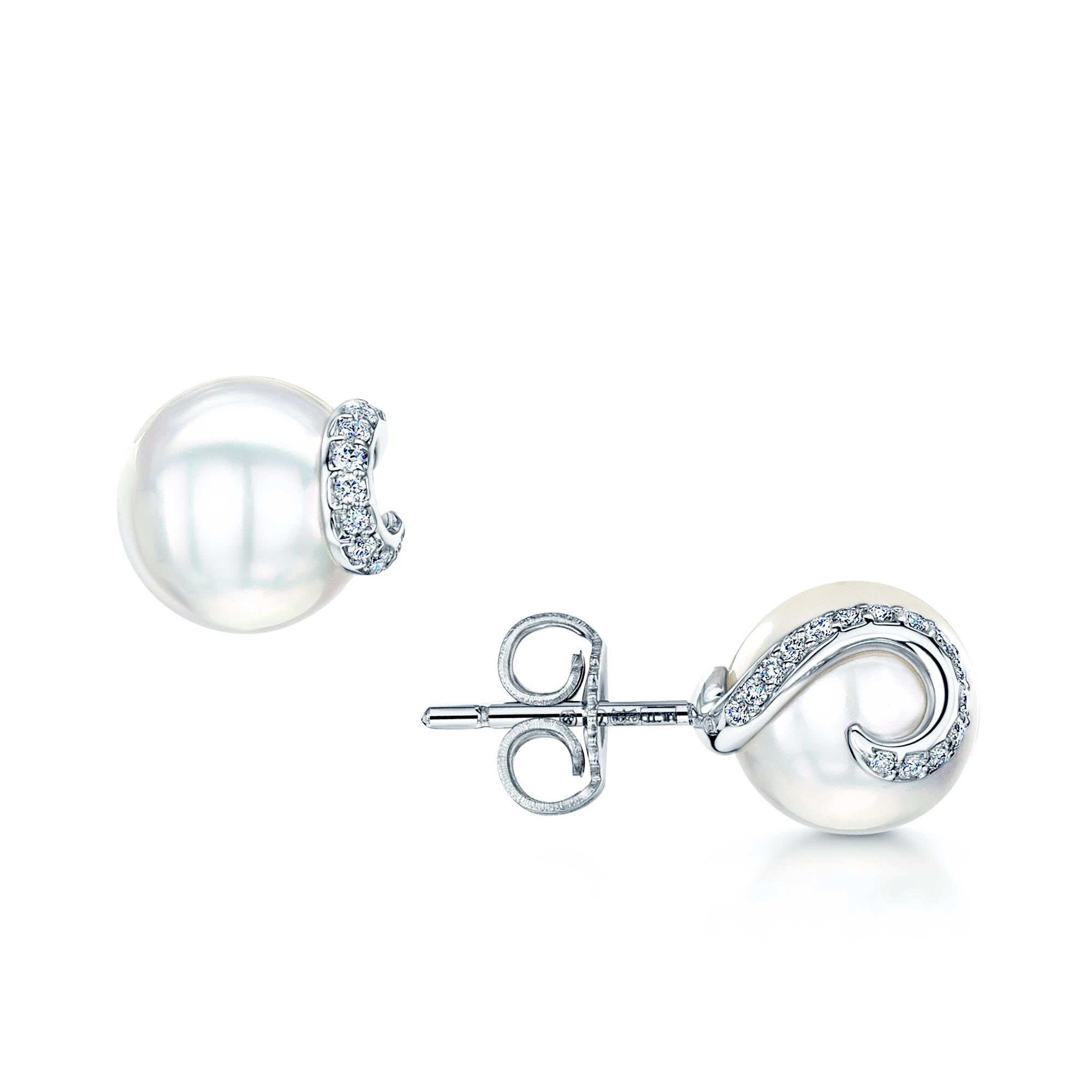 18ct White Gold Akoya Pearl & Diamond Swirl Embrace Stud Earrings