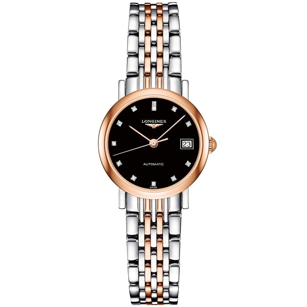 Elegant 25mm Two-Tone Black Diamond Dial Ladies Bracelet Watch