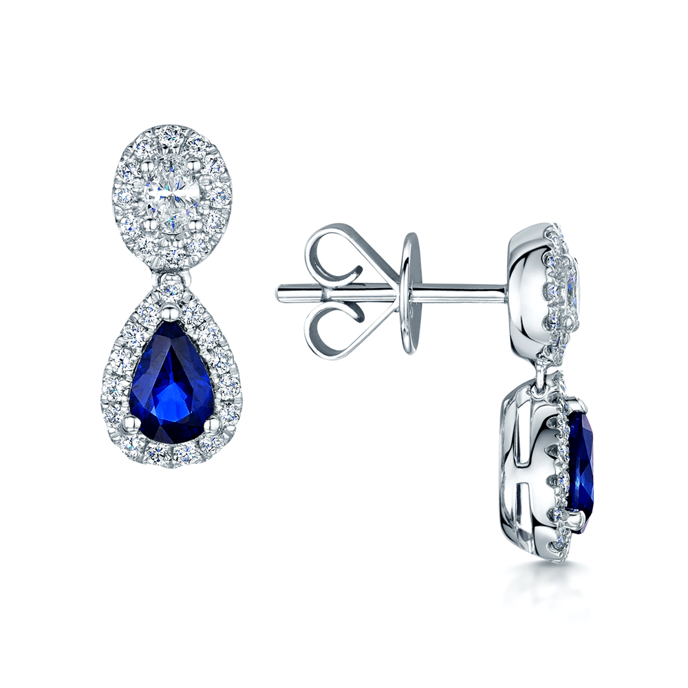 18ct White Gold Diamond & Pear Shaped Sapphire Cluster Drop Earrings