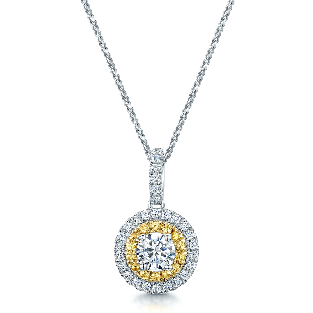 18ct White Gold Diamond & Yellow Sapphire Halo Pendant