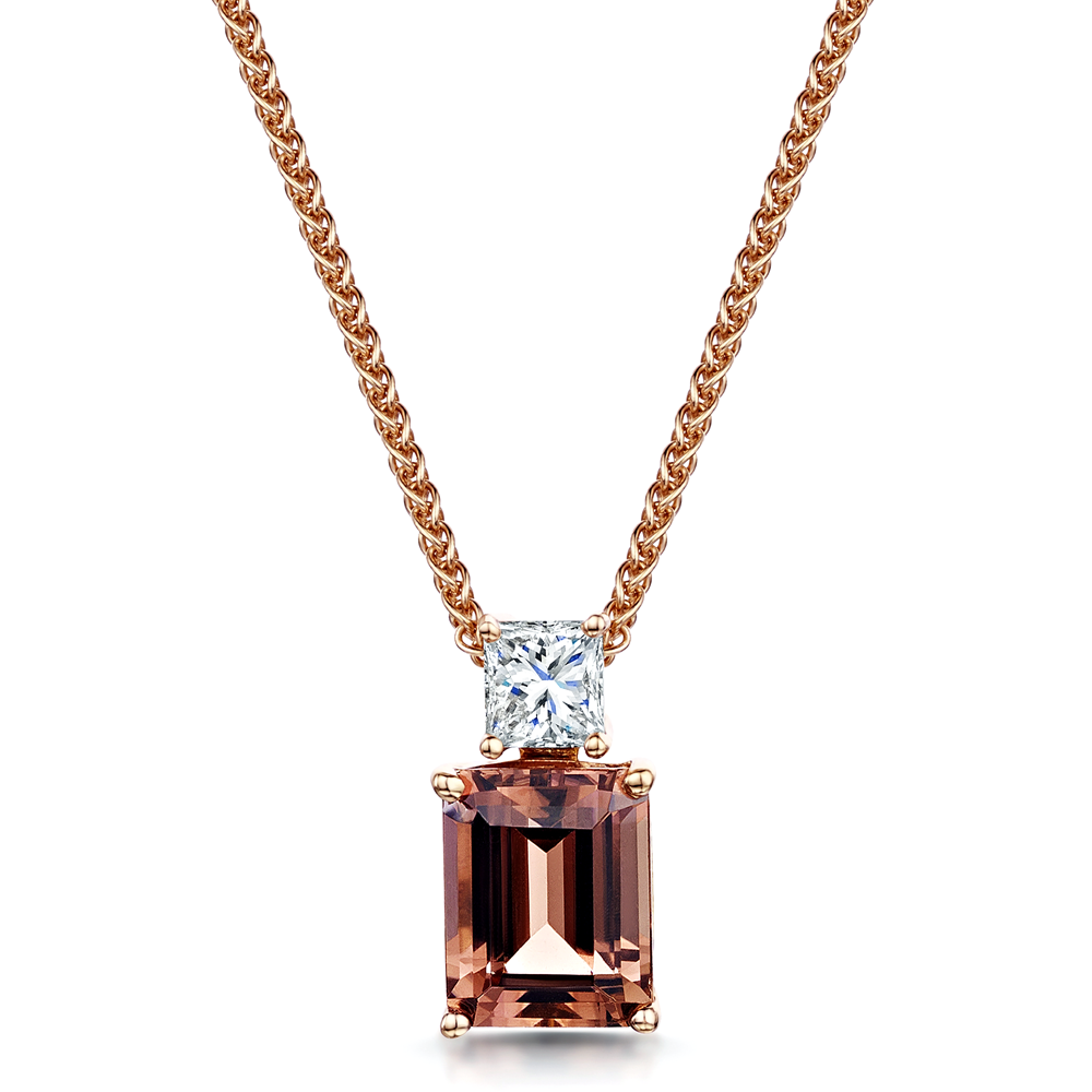 18ct Rose Gold Pink Tourmaline And Princess Cut Diamond Pendant