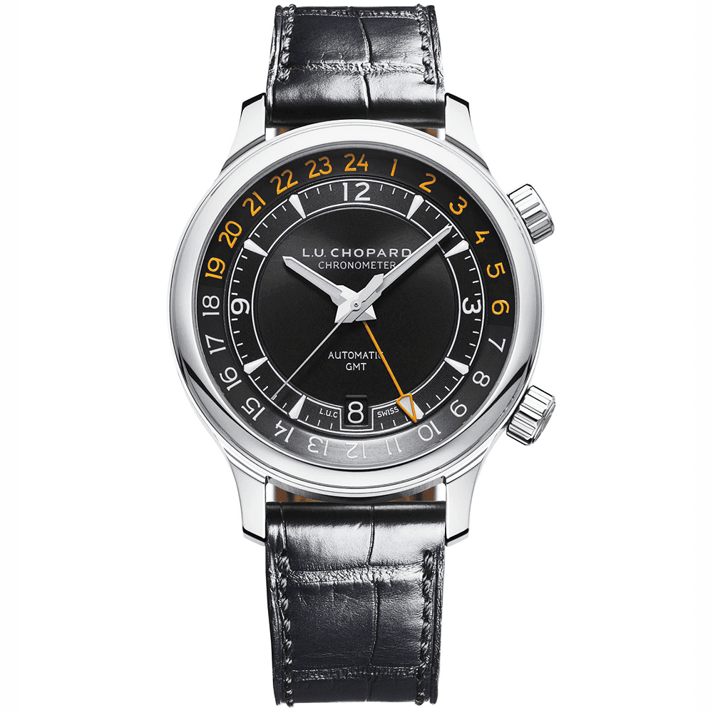 L.U.C GMT One 42mm Black/Orange Dial Men's Leather Strap Watch