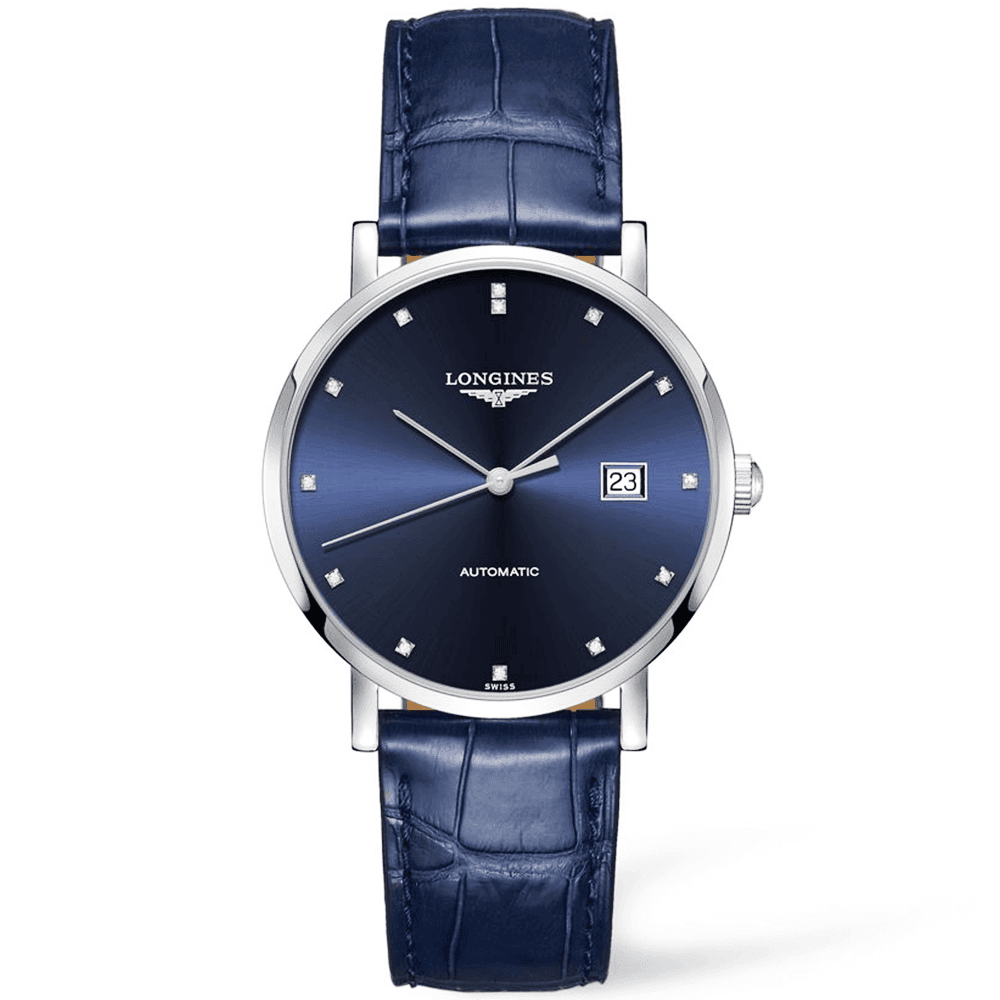 Elegant 39mm Sunray Blue Diamond Dial Leather Strap Watch