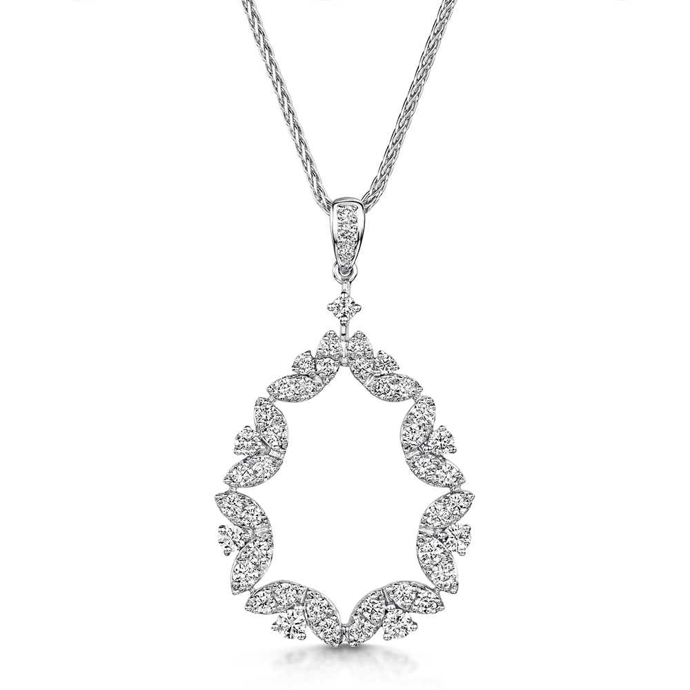 18ct White Gold Open Pear Shape Leafy Diamond Set Pendant
