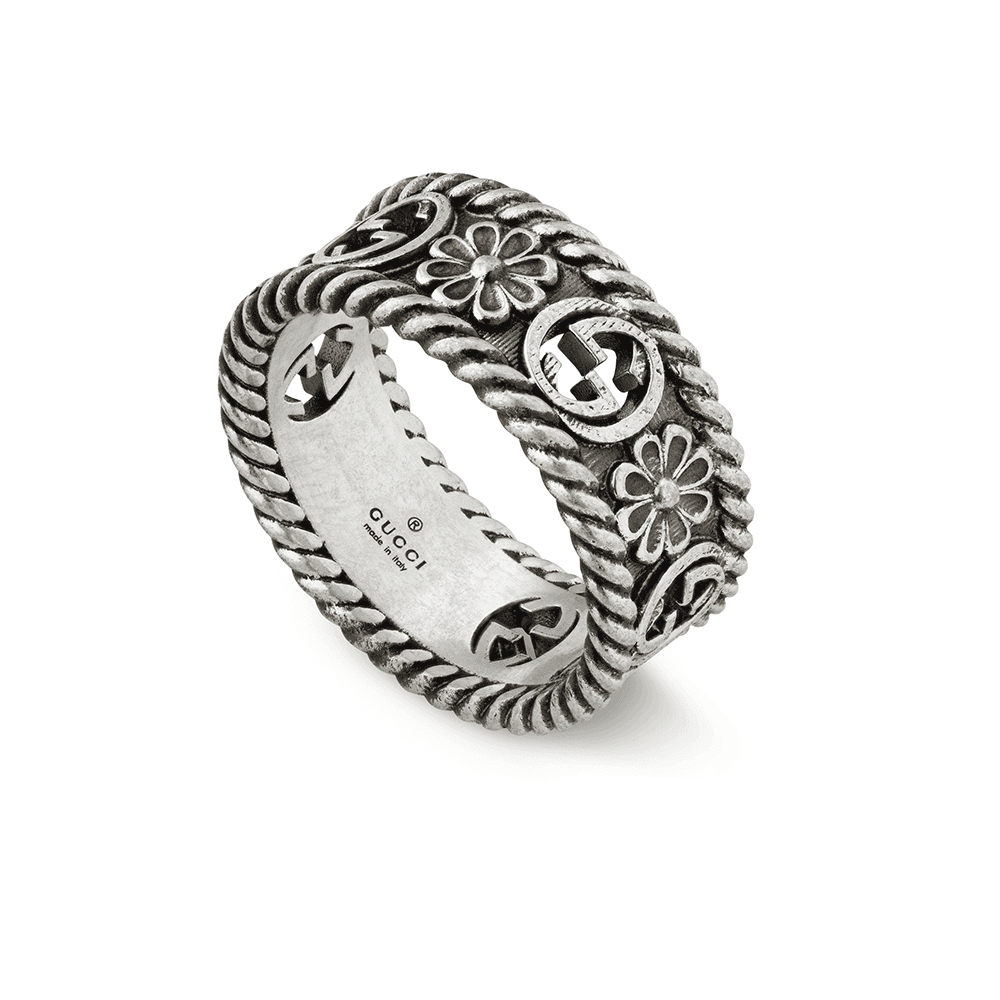GG Marmont Aged Sterling Silver Thin Ring With Flower And Interlocking G Motif